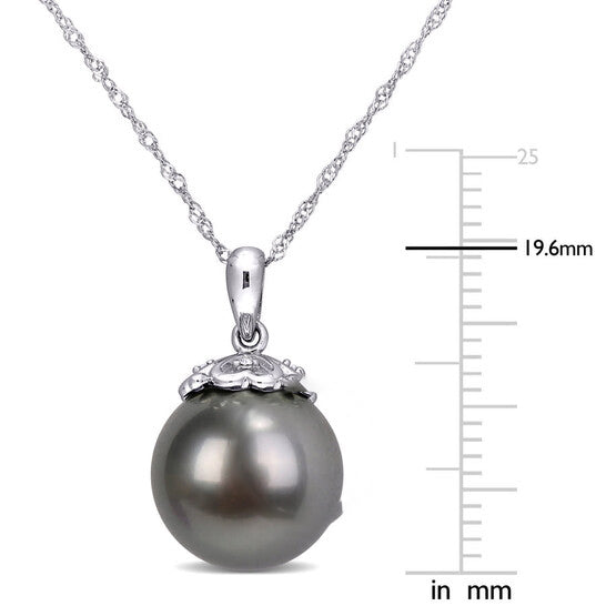 Original AMOUR 11-12 Mm Black Tahitian Cultured Pearl and Diamond Accent Drop Pendant with Chain In 10K White Gold