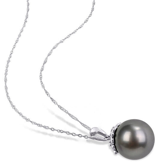 Original AMOUR 11-12 Mm Black Tahitian Cultured Pearl and Diamond Accent Drop Pendant with Chain In 10K White Gold