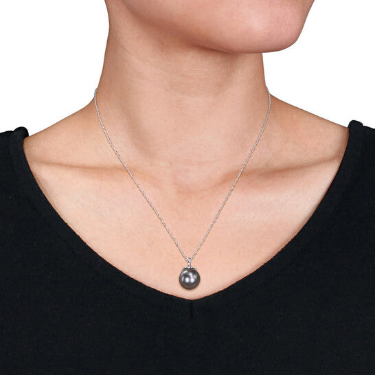 Original AMOUR 11-12 Mm Black Tahitian Cultured Pearl and Diamond Accent Drop Pendant with Chain In 10K White Gold