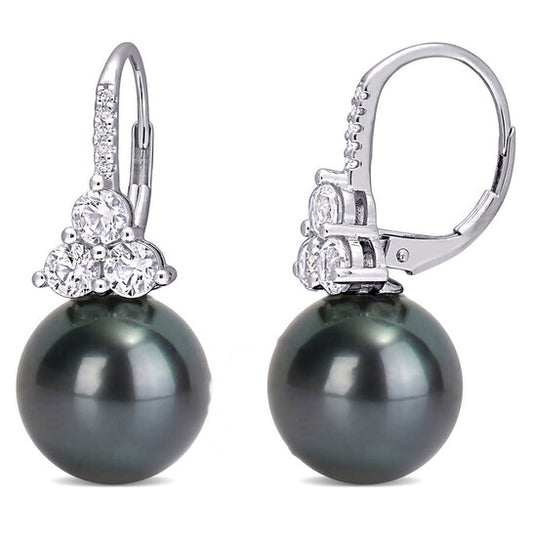 Original AMOUR 11 - 12 Mm Black Tahitian Cultured Pearl, 1 3/8 CT TGW Created Sapphire and Diamond Accent Leverback Earrings In 10K White Gold