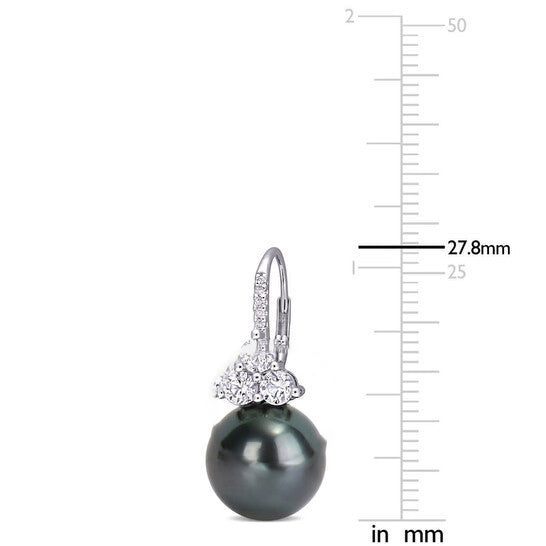 Original AMOUR 11 - 12 Mm Black Tahitian Cultured Pearl, 1 3/8 CT TGW Created Sapphire and Diamond Accent Leverback Earrings In 10K White Gold