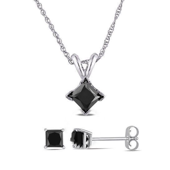 Original AMOUR 1 1/2 CT TW Black Princess Cut Diamond Solitaire Pendant with Chain and Earrings Set In 10K White Gold