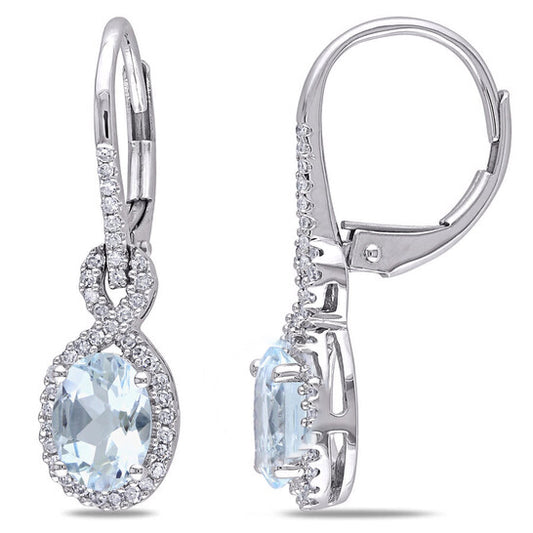 Original AMOUR Oval Aquamarine and 1/4 CT TW Diamond Leverback Earrings In 10K White Gold