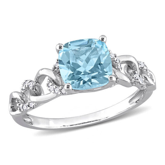 Original Amour 10k White Gold 1 3/4 CT Cushion Sky Blue Topaz & 1/10 CT TW Diamond Link Ring