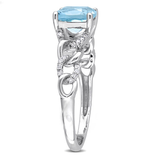 Original Amour 10k White Gold 1 3/4 CT Cushion Sky Blue Topaz & 1/10 CT TW Diamond Link Ring