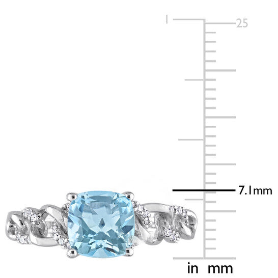 Original Amour 10k White Gold 1 3/4 CT Cushion Sky Blue Topaz & 1/10 CT TW Diamond Link Ring