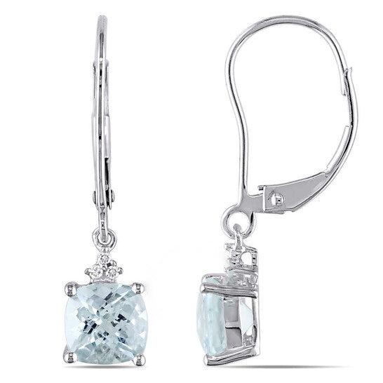 Original AMOUR Aquamarine Leverback Earrings with Diamonds In 10K White Gold