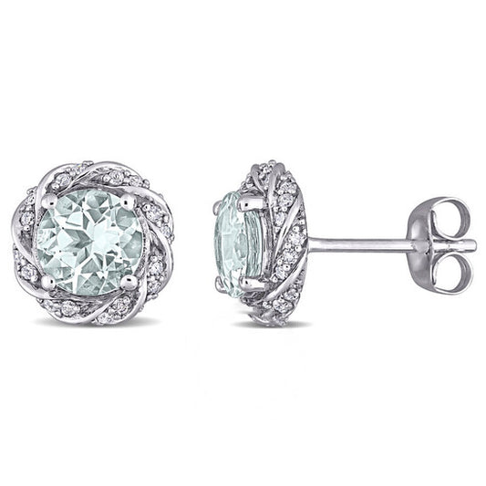 Original AMOUR Aquamarine and 1/5 CT TW Diamond Halo Stud Earrings In 10K White Gold