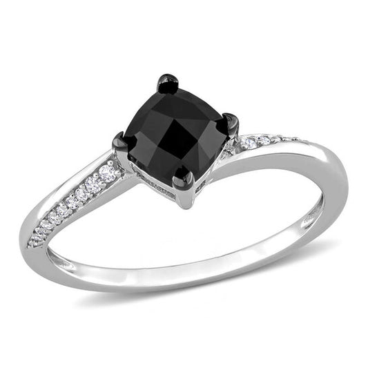 Original Amour 10k White Gold 1 CT TDW Black and White Cushion and Round-Cut Diamond Engagement Ring