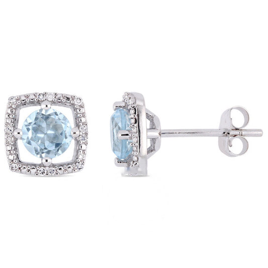 Original AMOUR 1 CT TGW Sky Blue Topaz and Diamond Halo Square Stud Earrings In 10K White Gold