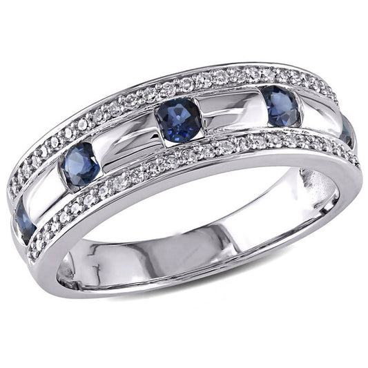 Original Amour 10k White Gold 1/4 CT TDW Diamond and Sapphire Anniversary Band Ring