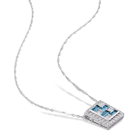 Original AMOUR 2 1/7 CT TGW Baguette London-blue Topaz and White Topaz Geometric Pendant with Chain In 10K White Gold