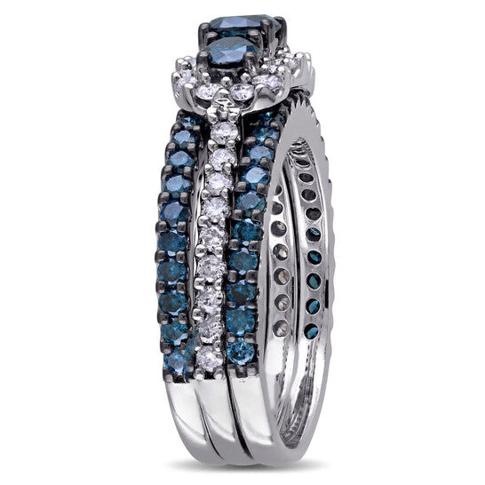 Original Amour 10k White Gold 2 CT Blue and White Diamond Bridal Ring Set