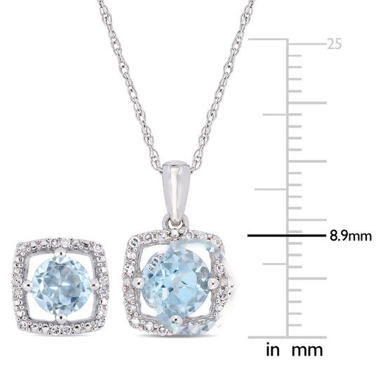 Original AMOUR 2-piece Set Of 2 CT TGW Sky Blue Topaz and 1/6 CT TW Diamond Square Halo Stud Earrings and Pendant with Chain In 10K White Gold