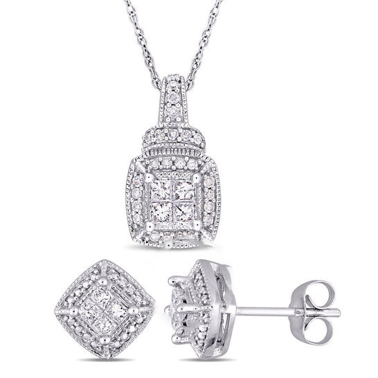 Original AMOUR 2-piece Set Of 5/8 CT TW Princess and Round Diamond Cluster Stud Earrings and Pendant with Chain In 10K White Gold