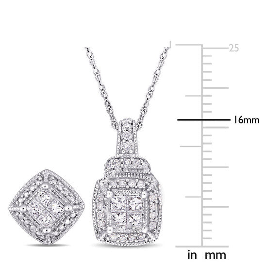 Original AMOUR 2-piece Set Of 5/8 CT TW Princess and Round Diamond Cluster Stud Earrings and Pendant with Chain In 10K White Gold