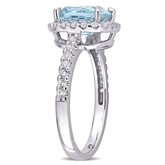 Original Amour 10K White Gold 3 1/2 CT TGW Sky Blue Topaz and White Topaz Halo Ring