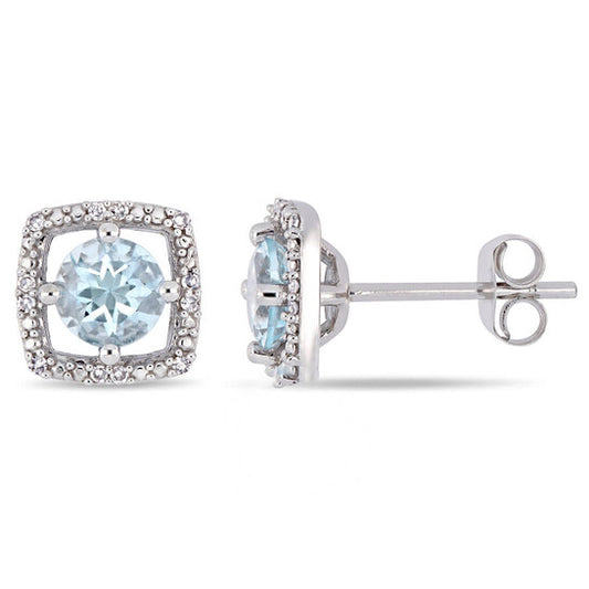 Original AMOUR 4/5 CT TGW Aquamarine and Diamond Square Halo Stud Earrings In 10K White Gold