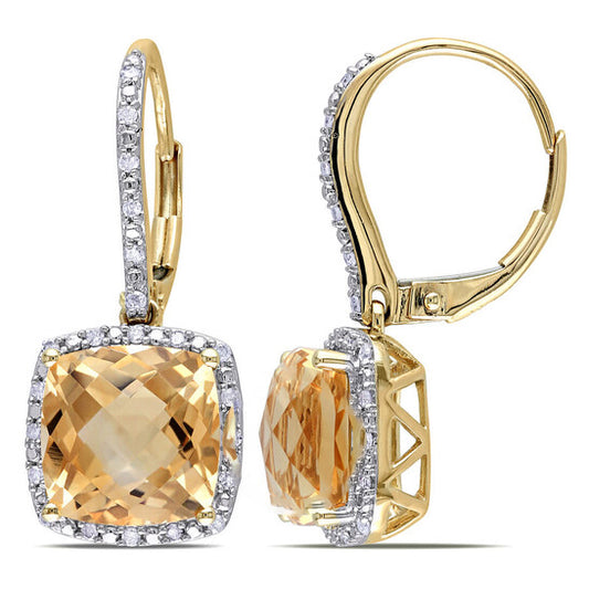 Original AMOUR 5 45 CT TGW Cushion Cut Citrine and 1/5 CT TW Diamond Halo Leverback Earrings In 10K White Gold