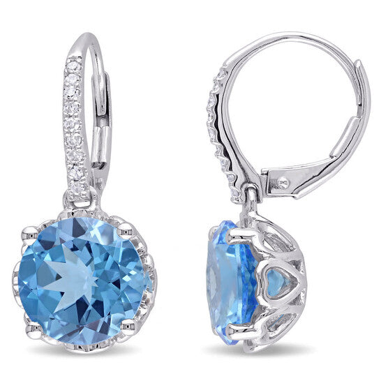 Original AMOUR 6 CT TGW Swiss-blue Topaz and 1/10 CT TW Diamond Leverback Earrings In 10K White Gold