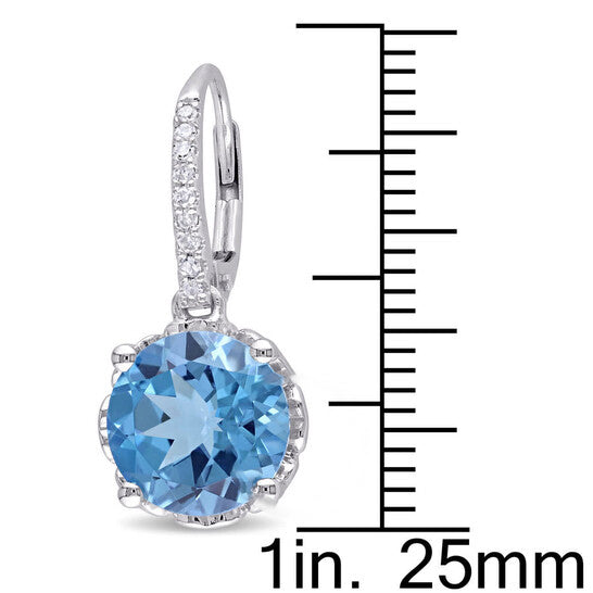 Original AMOUR 6 CT TGW Swiss-blue Topaz and 1/10 CT TW Diamond Leverback Earrings In 10K White Gold