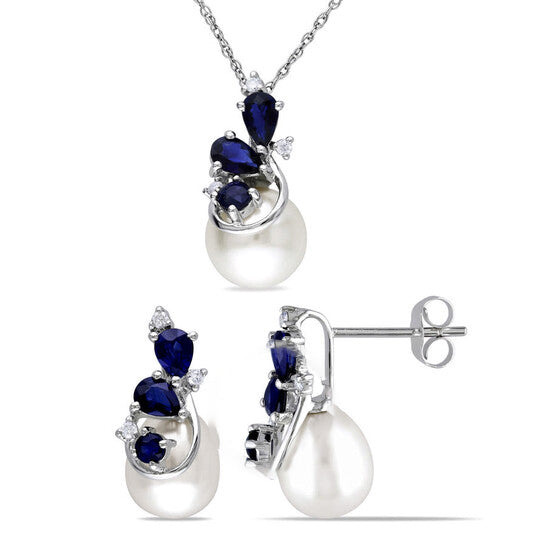 Original AMOUR 7.5 - 9 Mm Cultured Freshwater Pearl 1/10 CT TW Diamond and Blue Sapphire 3-sTone Earrings and Pendant with Chain Set In 10K White Gold