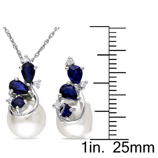 Original AMOUR 7.5 - 9 Mm Cultured Freshwater Pearl 1/10 CT TW Diamond and Blue Sapphire 3-sTone Earrings and Pendant with Chain Set In 10K White Gold