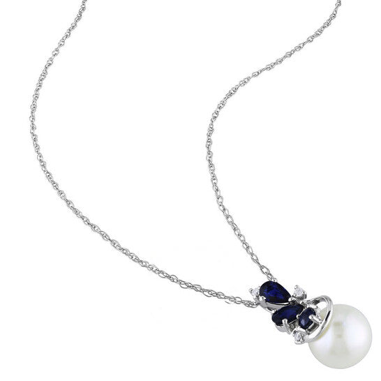 Original AMOUR 7.5 - 9 Mm Cultured Freshwater Pearl 1/10 CT TW Diamond and Blue Sapphire 3-sTone Earrings and Pendant with Chain Set In 10K White Gold