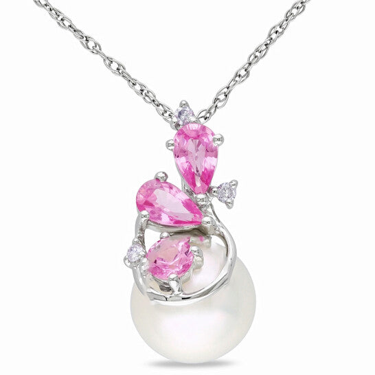 Original AMOUR 8.5 - 9 Mm Cultured Freshwater Pearl, Diamond and Sapphire Cluster Pendant with Chain In 10K White Gold