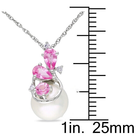 Original AMOUR 8.5 - 9 Mm Cultured Freshwater Pearl, Diamond and Sapphire Cluster Pendant with Chain In 10K White Gold