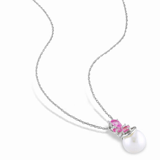 Original AMOUR 8.5 - 9 Mm Cultured Freshwater Pearl, Diamond and Sapphire Cluster Pendant with Chain In 10K White Gold