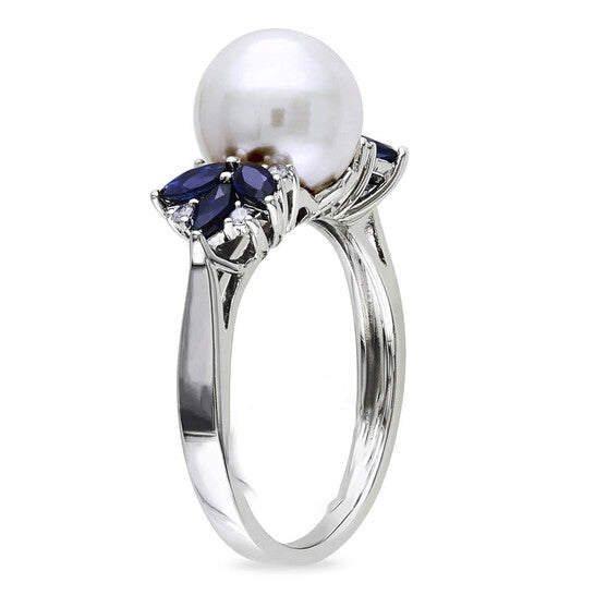 Original Amour 10k White Gold 9-9.5 mm Freshwater Cultured White Pearl and 5/8 CT TGW Sapphire with 0.06 CT TDW Diamond Cocktail Ring