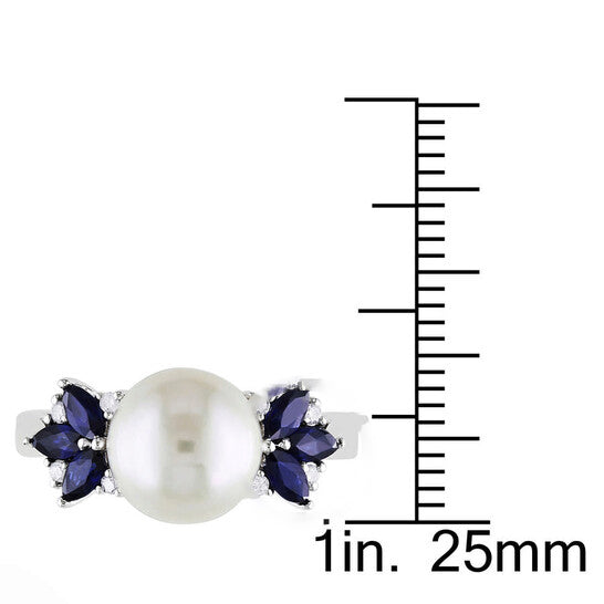 Original Amour 10k White Gold 9-9.5 mm Freshwater Cultured White Pearl and 5/8 CT TGW Sapphire with 0.06 CT TDW Diamond Cocktail Ring