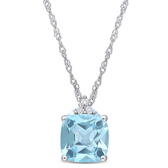 Original AMOUR Cushion Cut Sky-blue Topaz Pendant and Chain with Diamonds In 10K White Gold