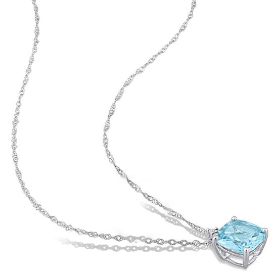 Original AMOUR Cushion Cut Sky-blue Topaz Pendant and Chain with Diamonds In 10K White Gold