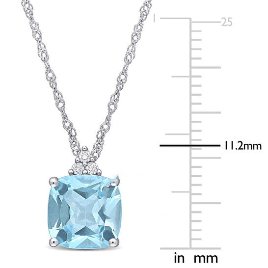 Original AMOUR Cushion Cut Sky-blue Topaz Pendant and Chain with Diamonds In 10K White Gold