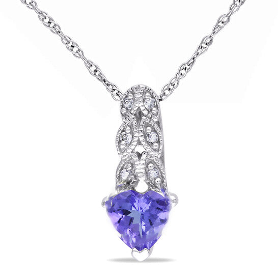 Original AMOUR Diamond and Heart Shaped Tanzanite Pendant with Chain In 10K White Gold