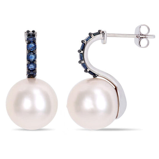 Original AMOUR 11 - 12 Mm Freshwater Cultured Pearl and 5/8 CT TGW Sapphire Drop Earrings In 10K White Gold with Black Rhodium Plated