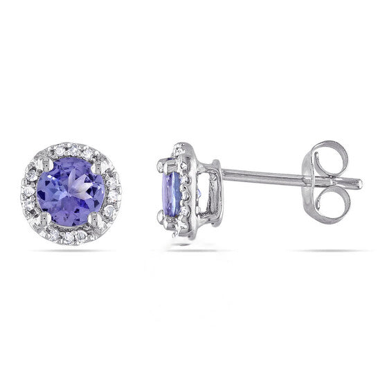 Original AMOUR Halo Diamond and Tanzanite Stud Earrings In 10K White Gold