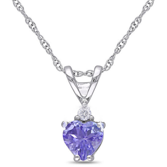 Original AMOUR Heart Shaped Tanzanite and Diamond Pendant with Chain In 10K White Gold