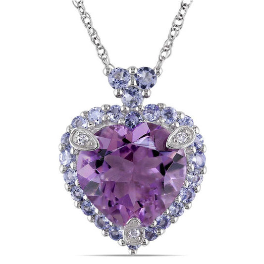 Original AMOUR Halo Diamond and 3 4/5 CT TGW Heart Shaped Tanzanite Amethyst Pendant with Chain In 10K White Gold