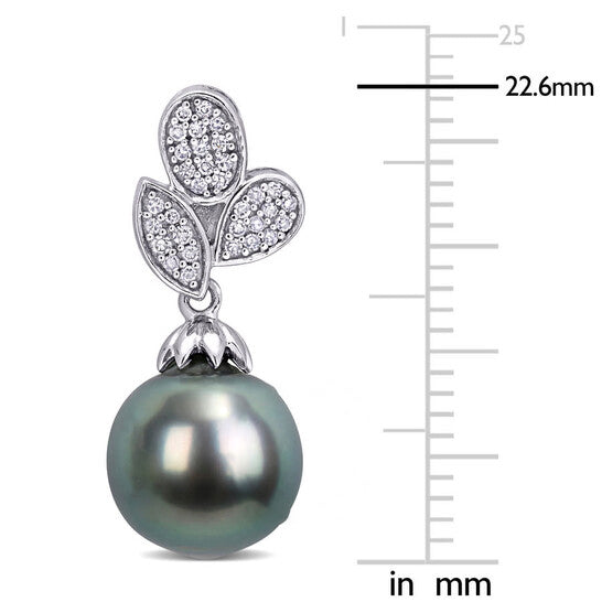 Original AMOUR 9-9.5 Mm Black Tahitian Cultured Pearl and 1/5 CT TW Diamond Floral Drop Earrings In 10K White Gold