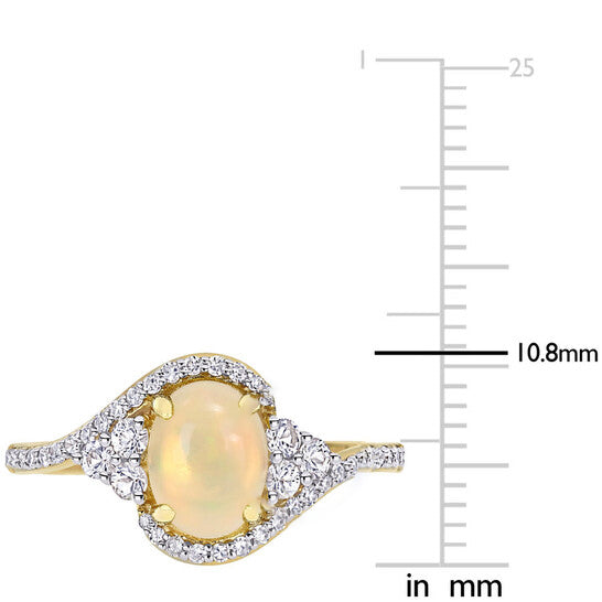 Original Amour 10K Yellow Gold 1 CT TGW Ethiopian Yellow Opal and White Sapphire with 1/5 CT TDW Diamond Halo Ring