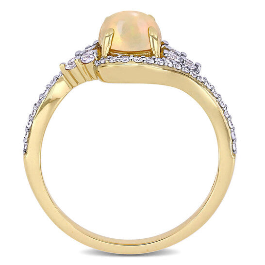 Original Amour 10K Yellow Gold 1 CT TGW Ethiopian Yellow Opal and White Sapphire with 1/5 CT TDW Diamond Halo Ring