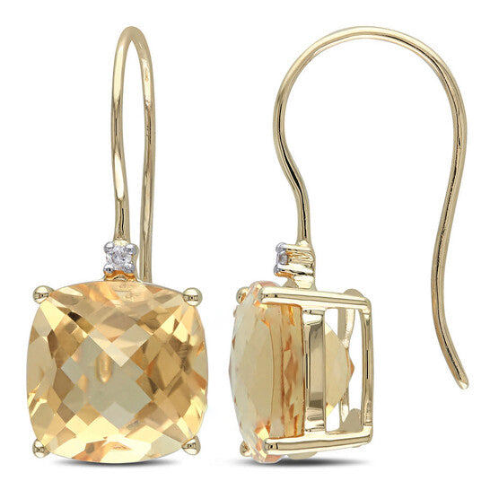 Original AMOUR 8 CT TGW Cushion Cut Checkerboard Citrine Earrings with Diamonds In 10K Yellow Gold