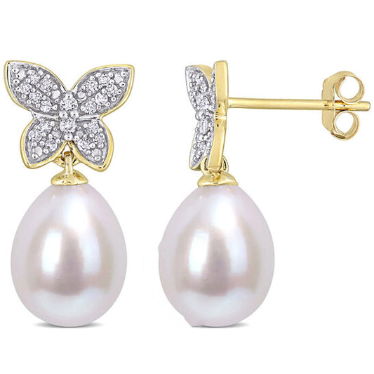 Original AMOUR 8.5-9mm Freshwater Cultured Pearl and 1/8 CT TDW Diamond Butterfly Drop Earrings In 10K Yellow Gold