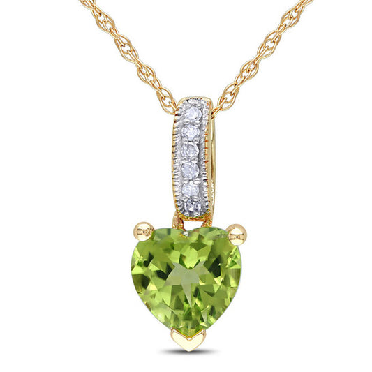 Original AMOUR Heart Shaped Peridot Pendant and Chain with Diamonds In 10K Yellow Gold