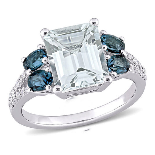 Original Amour 1/10 CT TDW Diamond and 4 CT TGW Ice Aquamarine, London Blue Topaz Cocktail Ring in Sterling Silver