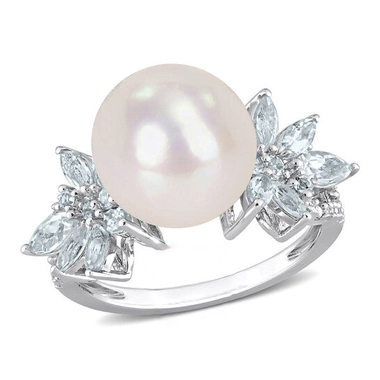 Original Amour 11-12mm Cultured Freshwater Pearl and 1 1/5 CT TGW Aquamarine and 1/10 CT TW Diamond Flower Ring in Sterling Silver