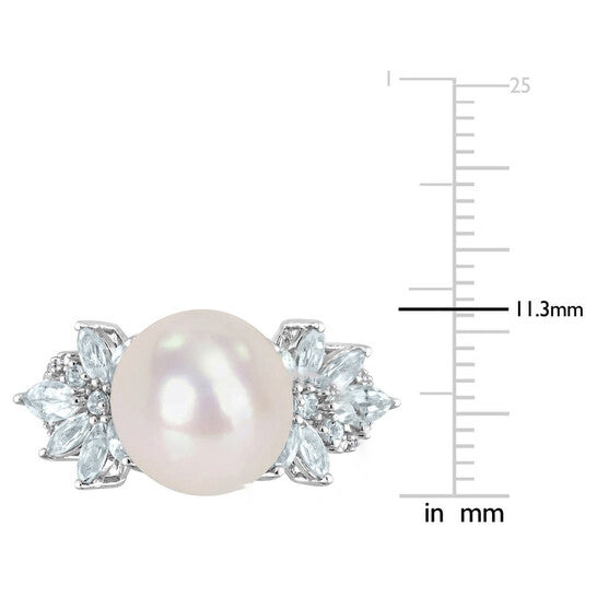 Original Amour 11-12mm Cultured Freshwater Pearl and 1 1/5 CT TGW Aquamarine and 1/10 CT TW Diamond Flower Ring in Sterling Silver